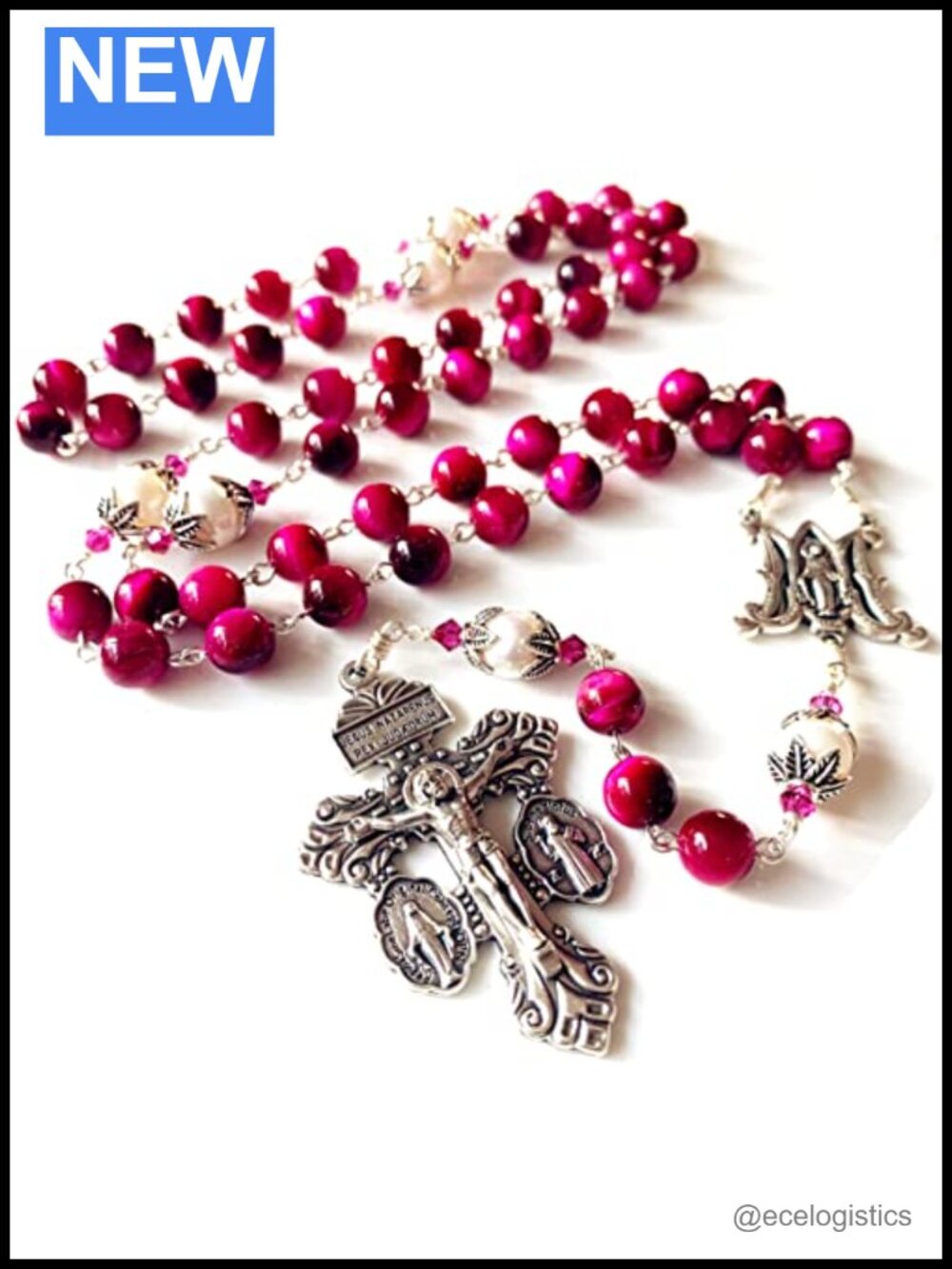 Handmade Red Tiger Eye Beads Sterling Silver 10mm Real Pearl Rosary Cross